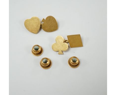 A pair of early 1970's 18ct gold novelty playing card suite cufflinks, 16 grams, together with three yellow metal and cat's e