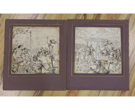Follower of Jan van der Straet (Stradanus, 1536-1605), pair of Old Master ink and washes on paper, Battle scenes, each signed