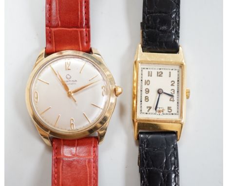 A gentleman's French yellow metal (18ct poincon mark) rectangular manual wind wrist watch, on a leather strap, together with 