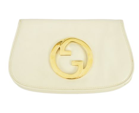 A vintage Gucci Blondie Unicorn ivory cream leather clutch bag, Gold Gucci front logo, weighted closure, small internal pocke