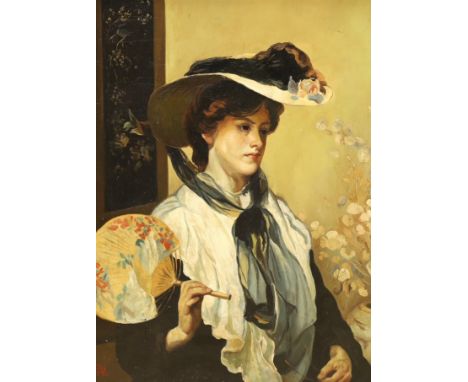 After Walter Ernest Webster (1878-1959), oil on board, Portrait of a lady holding a Japanese fan, 38 x 28cm***CONDITION REPOR