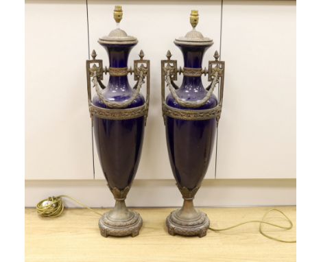 A pair of large Sevres style cobalt blue glazed ceramic lamps with bronzed mounts, 84cm total height***CONDITION REPORT***PLE