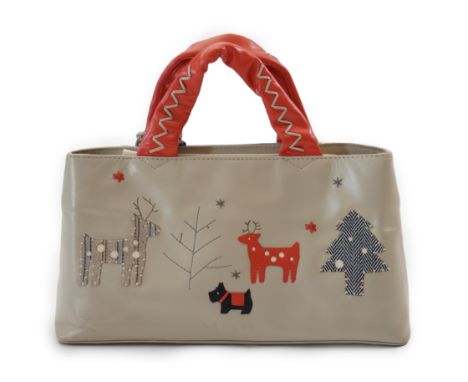 A Radley 'Seasons Greeting Reindeer Christmas'  leather grab handle bag 2005, with reindeer, Christmas tree and Scottie desig