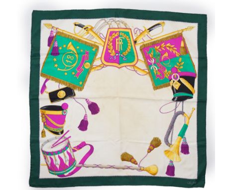 A Celine 18th Regiment silk scarf, multi-coloured with ivory back ground and green border, approx 88cm x 86cm***CONDITION REP