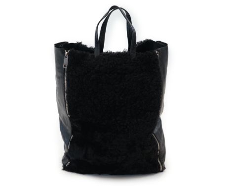 A Celine black shearling and black leather Vertical Gusset Cabas tote bag, the Vertical Gusset Cabas features black coloured 