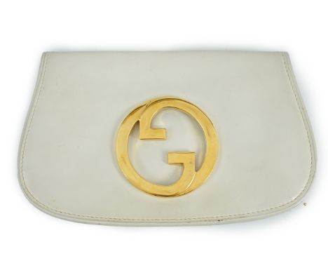 A vintage Gucci Blondie Unicorn white leather clutch bag, gold Gucci front logo, weighted closure, small internal pocket, lea