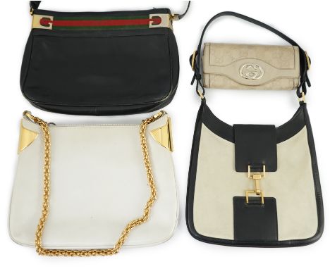 Three vintage Gucci hand bags and clutch wallet: Gucci Web Sherry Line shoulder bag in black leather and Red/Green web, width