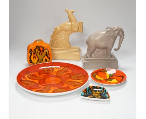 Four Poole Pottery Delphis items including a small vase, a plate, etc. and two animals stamped Poole, plate 25cm (6)***CONDIT