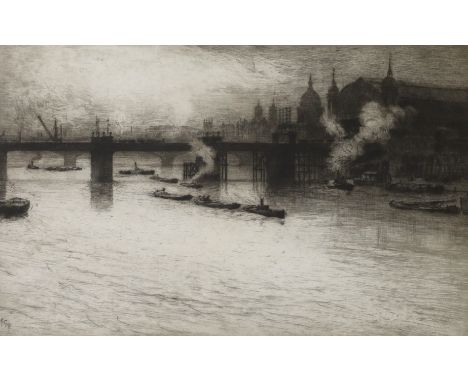 Robert Charles Goff (1837-1922), etching, 'Boats on the river Thames, Charing Cross', signed in pencil, label verso, 27 x 18c