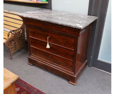 A 19th century French marble top mahogany commode, width 110cm, depth 57cm, height 96cm***CONDITION REPORT***PLEASE NOTE:- Pr