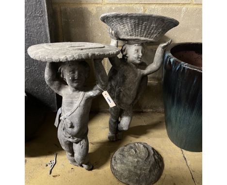 Two Victorian lead garden putto figures, one as a sundial, the other a birdbath, in need of restoration, larger height 69cm**