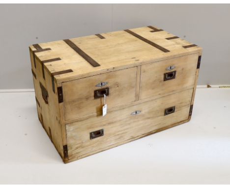 A 19th century iron bound pine three drawer low chest, width 96cm, depth 54cm, height 56cm***CONDITION REPORT***PLEASE NOTE:-