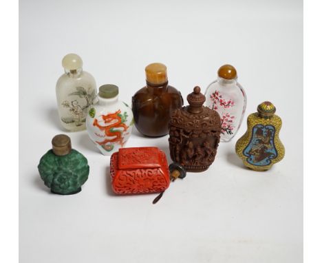 Seven various snuff bottles to include agate, glass, cloisonné and resin together with a lacquer snuff box (8)***CONDITION RE