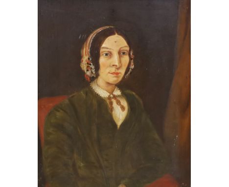 19th century naïve school, oil on board, Portrait of a lady, together with an oil on board of a river landscape, largest 36cm