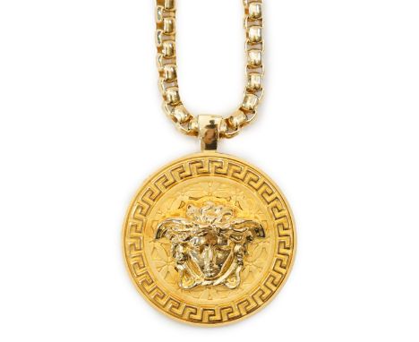 A Versace Medusa gold Greca medallion coin pendant with chunky rapper necklace, in original white case with receipt, chain fu