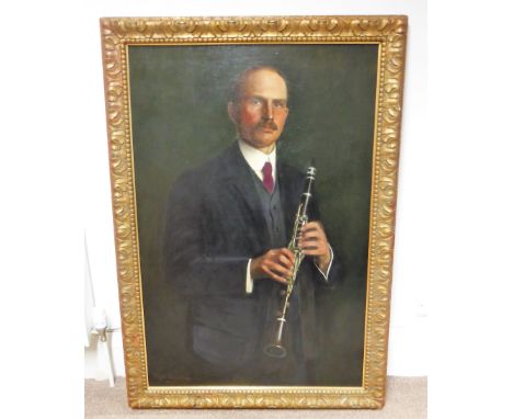 LARGE PORTRAIT, THREE QUARTER LENGTH DEPICTING MAN WITH A CLARINET, APPROX. 104 X 75 cm