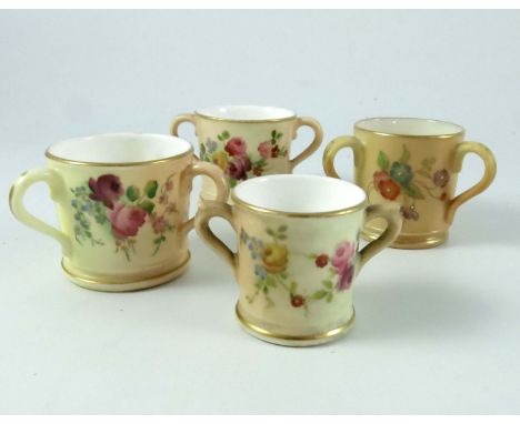 TWO, 3 HANDLED TYGS, ROYAL WORCESTER AND WORCESTER GOODE AND CO BLUSH IVORY, EACH WITH FLORAL DECORATION AND TWO MINIATURE 2 