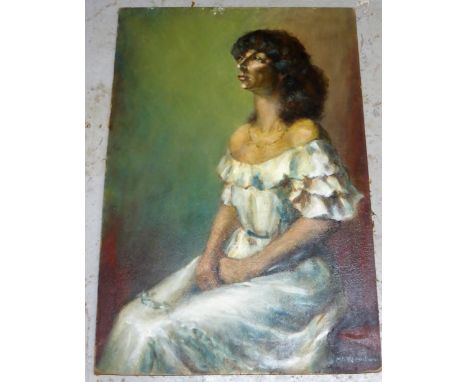 ALYS WOODMAN (20TH CENTURY, MALVERN SCHOOL OF ART), OIL ON BOARD, FULL LENGTH PORTRAIT, ENTITLED 'HELEN PARKER', APPROXIMATEL