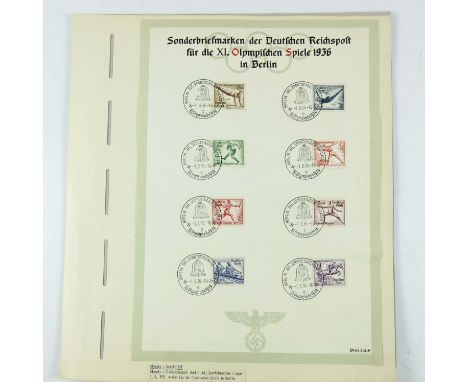 STAMPS, GERMANY, 1936 NAZI OLYMPICS SET ON PROPAGANDA SHEET WITH COMMEMORATIVE CACHETS. FINE RES. £20