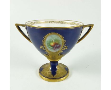 LATE 19TH CENTURY ROYAL WORCESTER PEDESTAL SWEETMEAT DISH HAVING OVAL BODY WITH CARTOUCHE PAINTED WITH FRUIT BY FREDRICK CHIV