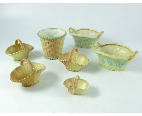 4, VARIOUS ROYAL WORCESTER BLUSH IVORY HOOP HANDLE BASKETS PAIR 2 HANDLED BASKETS 2365 AND A WOVEN BASKET G857