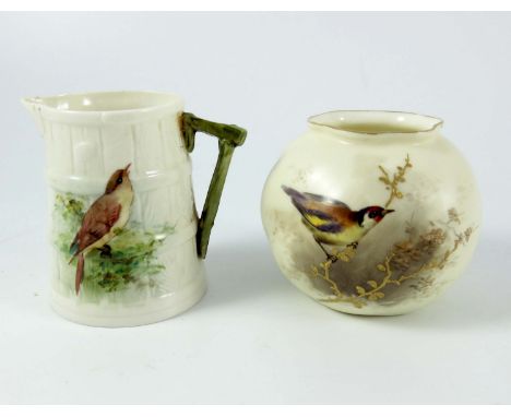 ROYAL WORCESTER GOODE AND COMPANY VASE, 161, DECORATED WITH A BIRD AND A BARREL FORM ROYAL WORCESTER JUG ALSO HAVING BIRD DEC