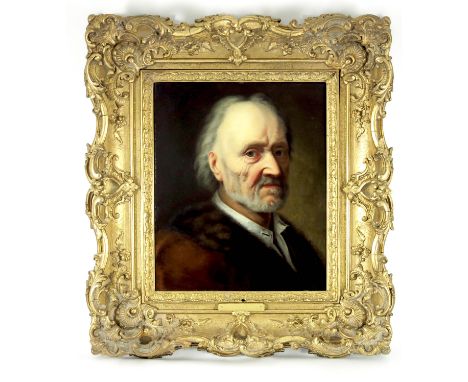 BALTHASAR DENNER (1685-1749) OIL ON PANEL, PORTRAIT OF AN ELDERLY GENTLEMAN, POSSIBLY A SELF PORTRAIT, APPROX. 39 X 32 cm IN 