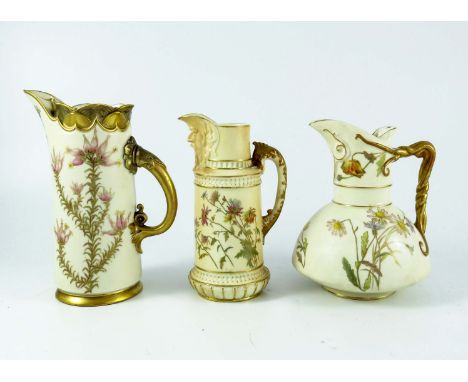 WORCESTER BLUSH IVORY JUG 1378 WITH FLORAL DECORATION APPROX. 17.5cms, ROYAL WORCESTER BLUSH IVORY MASK JUG 1366 WITH FLORAL 