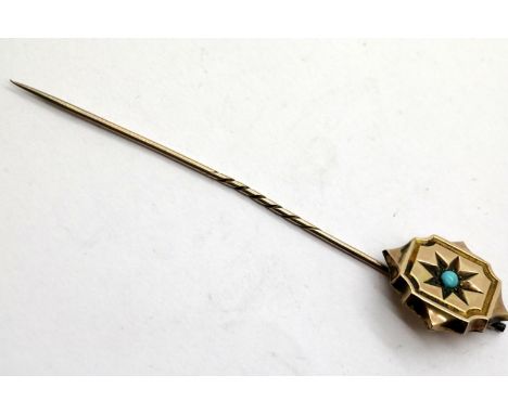 Presumed 9ct gold stick pin with turquoise centre, 1.8g, L: 7.5 cm. P&amp;P Group 1 (£14+VAT for the first lot and £1+VAT for