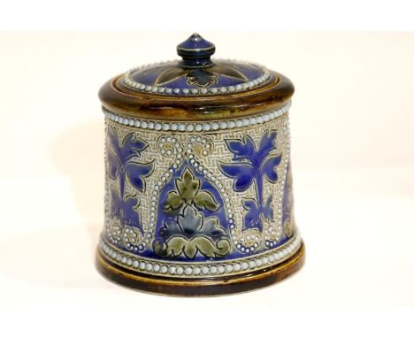 Royal Doulton Lambeth ware tobacco jar with lid. P&P Group 2 (£18+VAT for the first lot and £3+VAT for subsequent lots)Condit