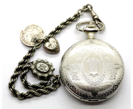 White metal pocket watch and chain, dial D: 3 mm, chain L: 19 cm, 49g. Working at lotting. P&amp;P Group 1 (£14+VAT for the f