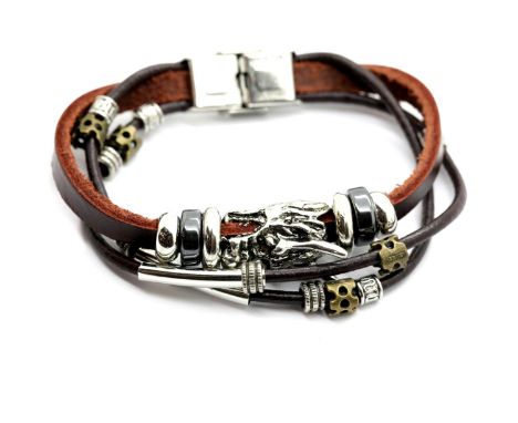 Gents leather cord bracelet with white metal dragon. P&amp;P Group 1 (£14+VAT for the first lot and £1+VAT for subsequent lot
