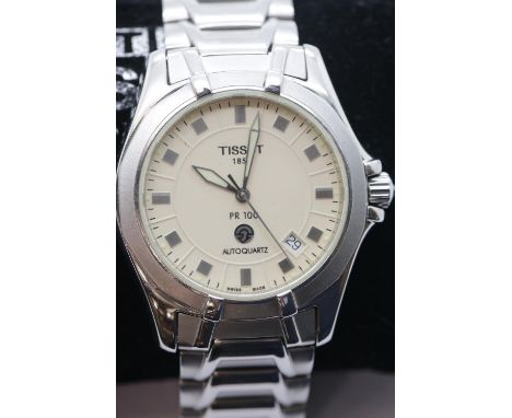 Rare gents Tissot PR100 stainless steel auto quartz wristwatch in original box with paperwork. P&P Group 1 (£14+VAT for the f