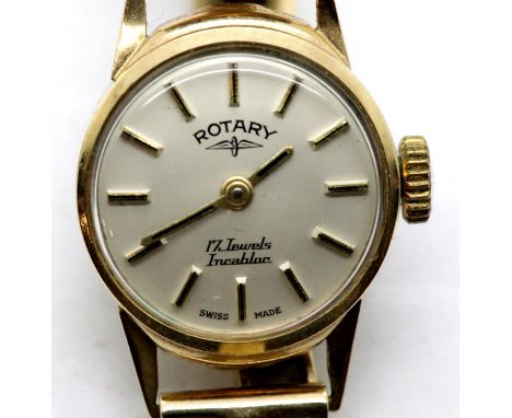 9ct gold Rotary ladies wristwatch on a 9ct gold bracelet, 15.8g, not working at lotting. P&P Group 1 (£14+VAT for the first l