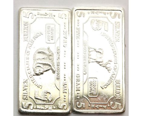 Two American 5g pure silver bars. P&amp;P Group 1 (£14+VAT for the first lot and £1+VAT for subsequent lots) 