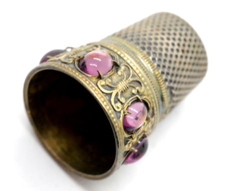 Continental 800 silver thimble, surmounted with six purple glass cabochons, size 4, 5g. P&amp;P Group 1 (£14+VAT for the firs