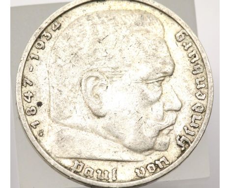 1937 - Namibia Silver 5 Reichsmark with Swastika / Roman Eagle - Depiction of Hindenburg Obverse ; Minted in Karlsruhe "G". P