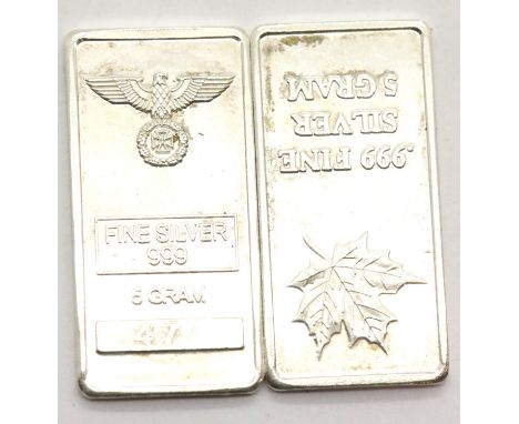 Two fine silver 5g bars, German and Canada. P&amp;P Group 1 (£14+VAT for the first lot and £1+VAT for subsequent lots) 