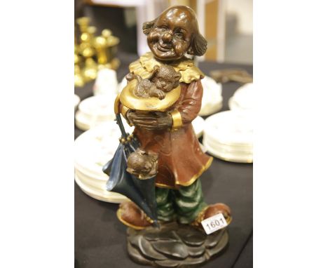 Contemporary bronze clown with dog figurine cold painted and plaster filled, H: 44 cm. This lot is not available for in-house