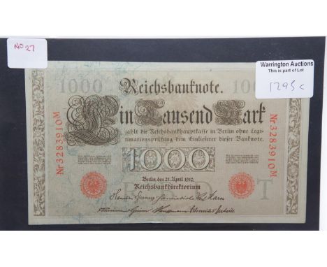 German Reich note, 1000 1910 NR 328. P&amp;P Group 1 (£14+VAT for the first lot and £1+VAT for subsequent lots) 