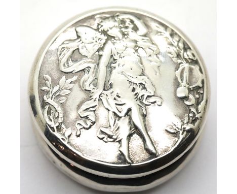 Hallmarked silver pot with fairy decoration, Birmingham assay, D: 5 mm, 22g. P&amp;P Group 1 (£14+VAT for the first lot and £