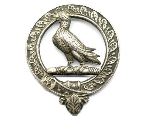 Antique white metal Scottish clan Ralston brooch with Fide et Marte motto, D: 5 cm, missing back pin, 49g. P&amp;P Group 1 (£