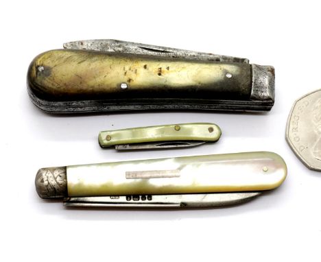 Three penknives including mother of pearl example with silver blade. P&amp;P Group 1 (£14+VAT for the first lot and £1+VAT fo