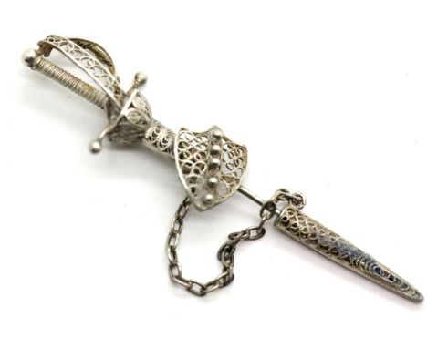 Silver plated pin brooch in form of a sword, L: 7 cm. P&P Group 1 (£14+VAT for the first lot and £1+VAT for subsequent lots)C