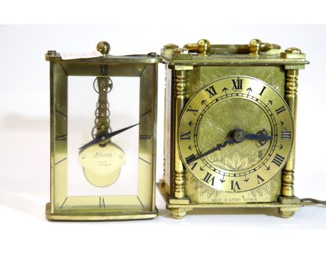 2 small mantel / carriage clocks, a Smiths brass electric mantel clock &amp; a Kaiser 8 day 7 jewels clock brass with glass f