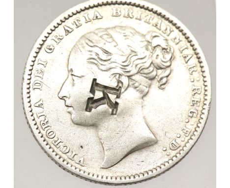 1883 - Silver Shilling of Queen Victoria (Young Head bust) - with counterstamp "K". P&amp;P Group 1 (£14+VAT for the first lo