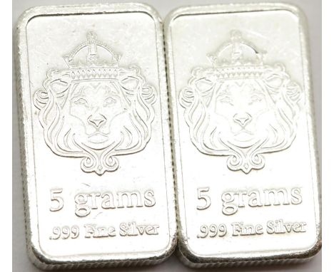 Two Scottsdale pure silver 5g bars. P&amp;P Group 1 (£14+VAT for the first lot and £1+VAT for subsequent lots) 