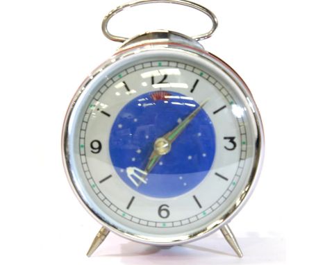 1960s type Sputnik alarm clock, D: 10 cm, H: 14 cm. P&P Group 1 (£14+VAT for the first lot and £1+VAT for subsequent lots)Con