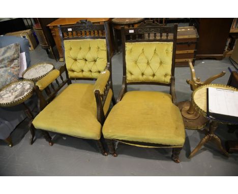 Edwardian ladies and gents upholstered chairs with carved backs and ceramic castors. Not available for in-house P&amp;P 