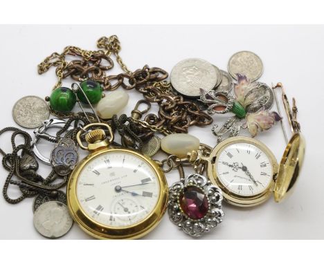 Mixed jewellery, watches and coins including a small gold brooch. P&amp;P Group 1 (£14+VAT for the first lot and £1+VAT for s